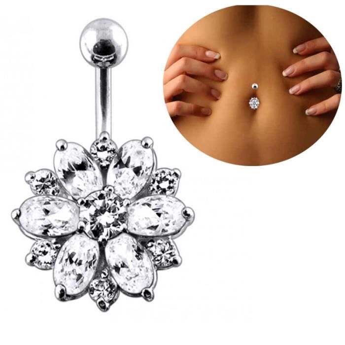 Bijou Piercing de Nombril | Fleur Ornée de Zirconium Blanc | Acier Chirurgical Taille 10mm