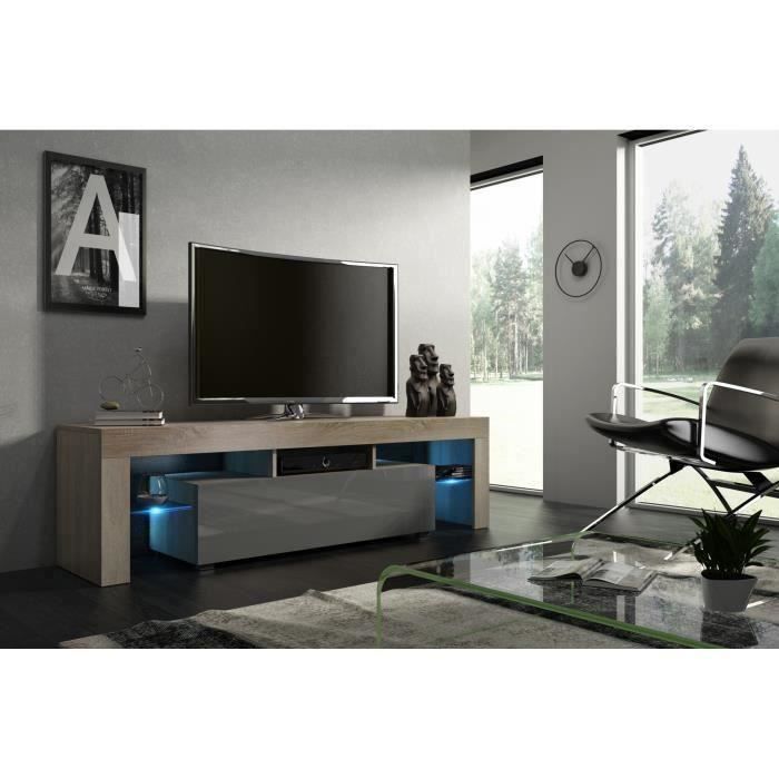 Meuble tv 160 aspect chêne et gris laqué + led RGB