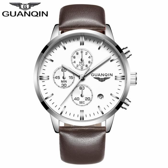 Montres Marque De Luxe GUANQIN Quartz Montre Hommes Sport Chronographe Lumineux Bracelet En Cuir Hommes Montres Brown Silver White