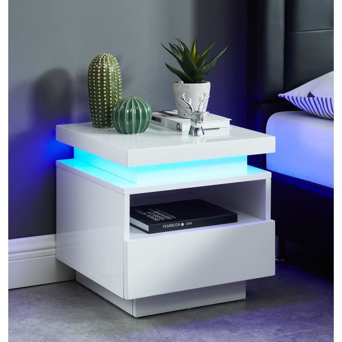 Table de chevet à LED COSMOS - laqué blanc brillant - L40cm