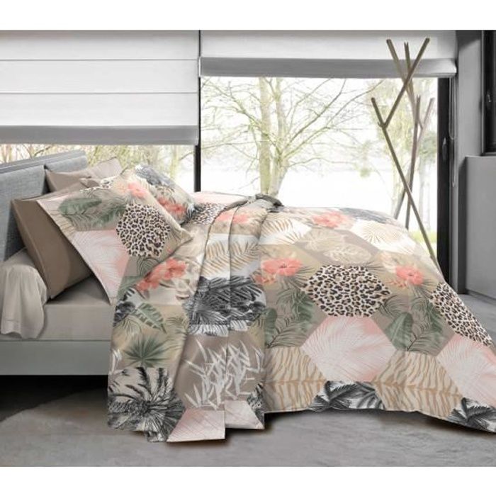 Pack complet Jungle Style Taupe housse de couette pour lit 160 x 200 cm 100% coton / 57 fils/cm²