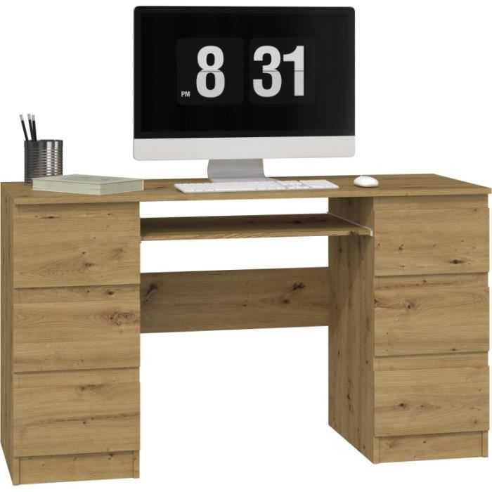 BARI - Bureau informatique d'ordinateur design moderne - 6 tiroirs - Dimensions 76x130x51 - Support coulissant pour clavier - Chêne