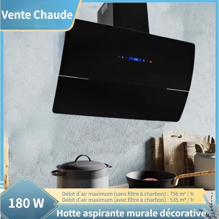 Hotte aspirante murale décorative 90cm - évacuation ou recyclage 756m³-h -Noir -RUI