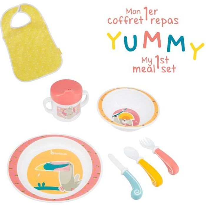 Badabulle Coffret Repas Yummy, Set Vaisselle 7 pièces & Bavoir Bébé Inclus, Corail