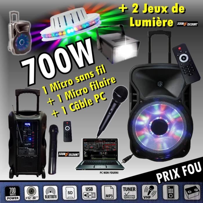 KARAOKÉ ENCEINTE AMPLIFIÉE 700W PORTABLE + USB MP3 + SD + BLUETOOTH + TUNER + 2 MICROS + 2 JEUX DE LUMIÈRE + CÂBLE PC PA DJ SONO