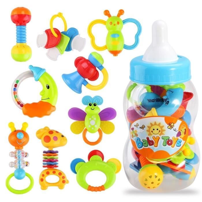 9pcs Bébé Premier Hochet et Jouet de Dentition avec Bouteille de Lait Géant Saisir Jouet Cadeaux (Couleur Aléatoire)