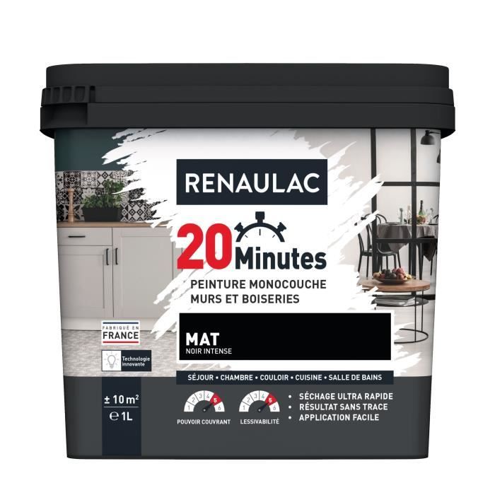 RENAULAC Peinture intérieur monocouche 20 Minutes murs et boiseries - 1L - 10 m² - Noir intense Mat