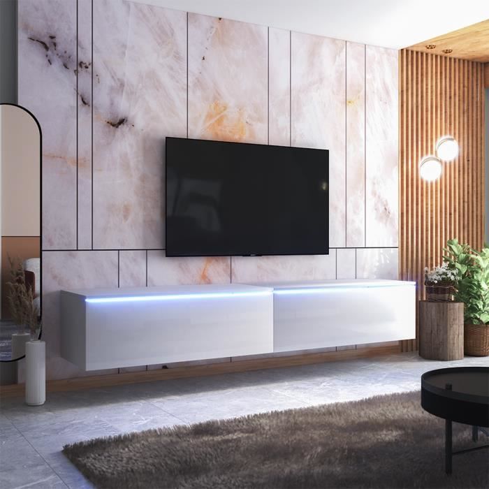 Meuble TV - SKYLARA - 200 cm - blanc mat / blanc brillant - style moderne - avec LED