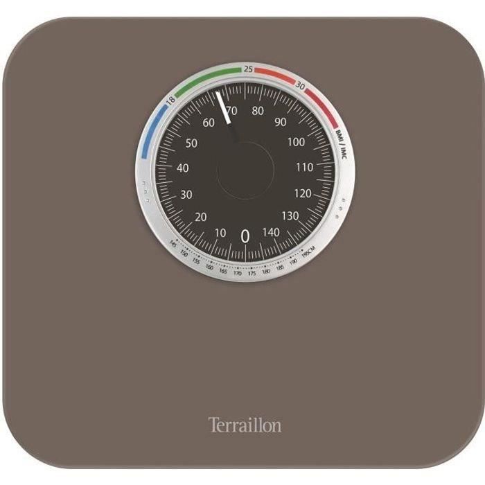 TERRAILLON - Balance Pèse Personne Mécanique - Grand Cadran avec Indicateur d'IMC, 150kg max - Modèle 'Nautic Up', Marron
