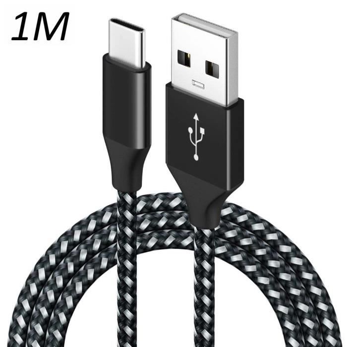 Câble Nylon Tressé Noir Type USB-C 1M pour Samsung galaxy A90 - A13 - Note 8 - Note 9 - Note 10 [Toproduits®]