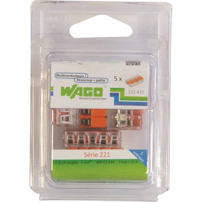 WAGO Pack de 5 Bornes de connexion universelle tous conducteurs - Type 221/ 5 entrées