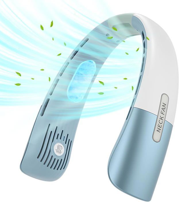 Qsocksy Ventilateur Portable Cou – Ventilateur Mains Libres 5 Vitesses, Rechargeable USB, Plaques Rafraîchissantes – Design Casque Léger Bleu Pour Été, Sport, Bureau