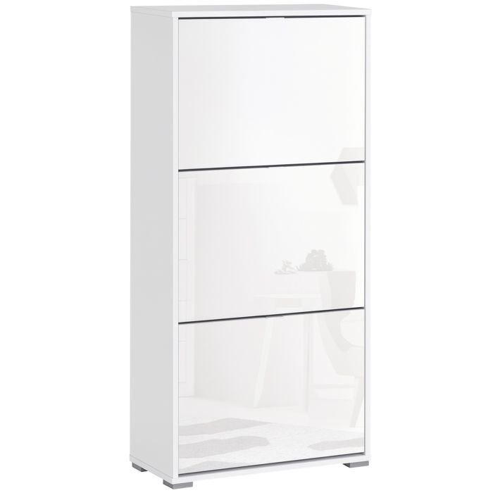 Meuble à Chaussures HOMCOM Armoire à chaussures 3 Portes abattantes 3 Compartiments en bois dim. 60L x 26I x 124H cm Blanc laqué