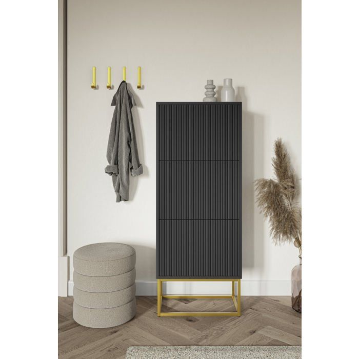 Meuble à chaussures 3 portes - VELDIO - 50x30x125 cm - noir avec pieds dorés