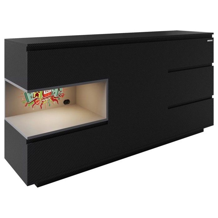 Buffet Gamer avec LED - ROBA - Minecraft - 5 Tiroirs - Porte Coulissante - Éclairage LED Intégré