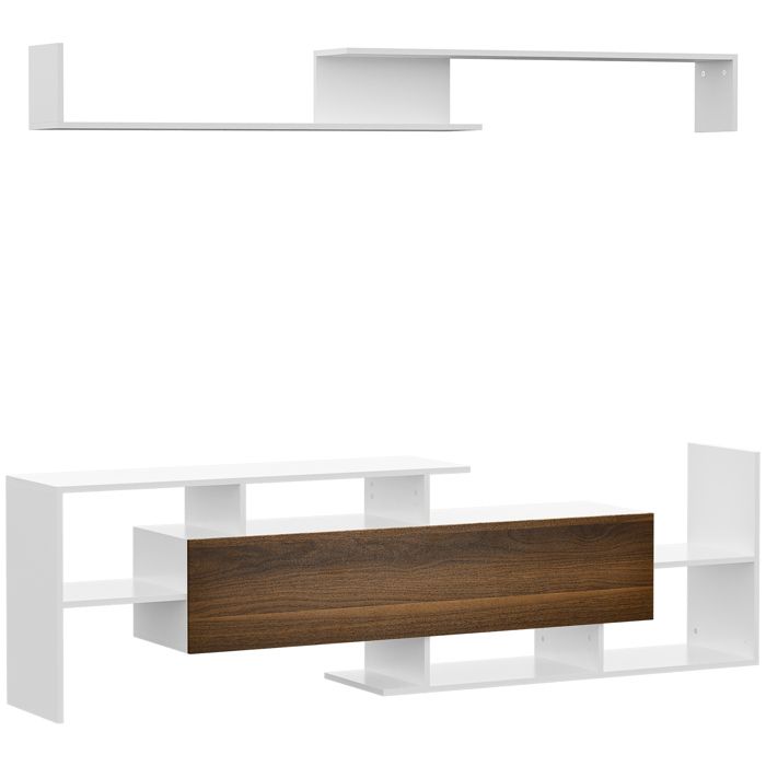 Meuble TV Mural HOMCOM 120 Cm Blanc - Pour TV Jusqu'à 50", Tiroir Rabattable, 2 étagères, Passe-câbles - Salon - 2