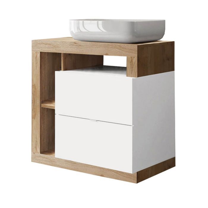 ARTURO - Meuble Vasque 78cm 2 tiroirs blanc laqué et aspect bois finition Cadiz