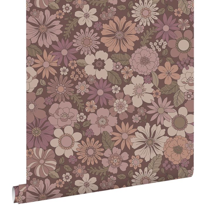 Papier peint fleurs rétro vieux rose et violet aubergine - 53 cm x 10.05 m - ESTAhome