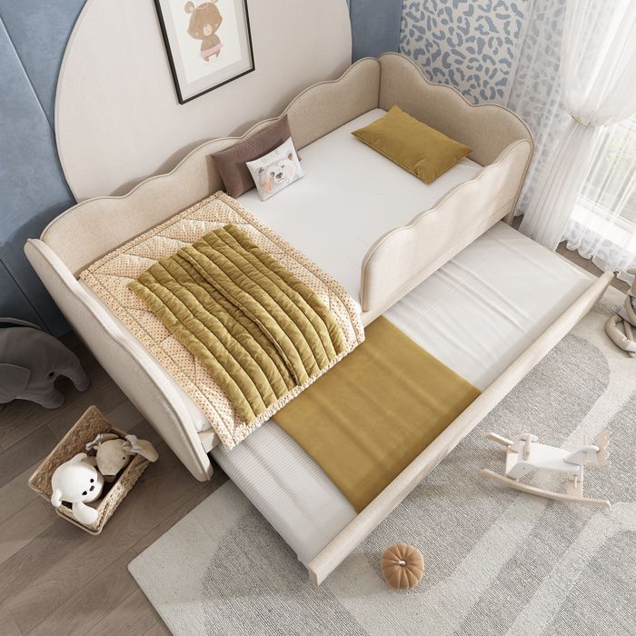 Canapé-lit 90x190 cm - Avec lit gigogne 90x190 cm - Décoration de vagues - Sommier à lattes - Velours - Beige (sans matelas)