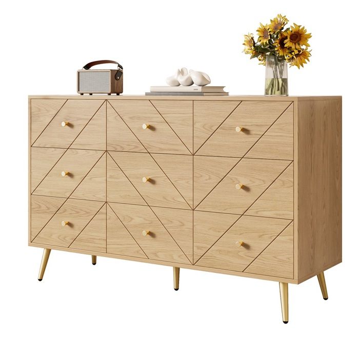 Commode Moderne 9 Tiroirs sur Pieds Métal - Structure Panneaux de Particules Robuste aux Motifs - pour Chambre Salon ou Entrée Commode Moderne 9 Tiroirs sur Pieds Métal - Structure Panneaux de Particules Robuste aux Motifs - pour Chambre Salon ou Entrée