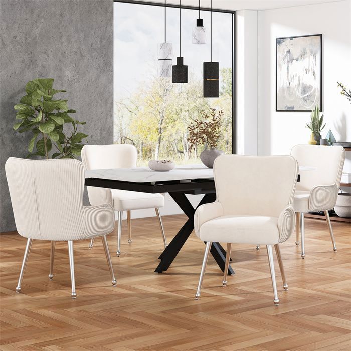 Chaises de salle à manger - Lot de 4 - Velours beige - Avec accoudoirs - Pieds métal argent