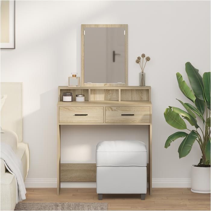 Coiffeuse moderne - vidaxl - Chêne Sonoma - 79x41x140 cm - Beige - Tiroirs intégrés - Grand miroir - Bois massif