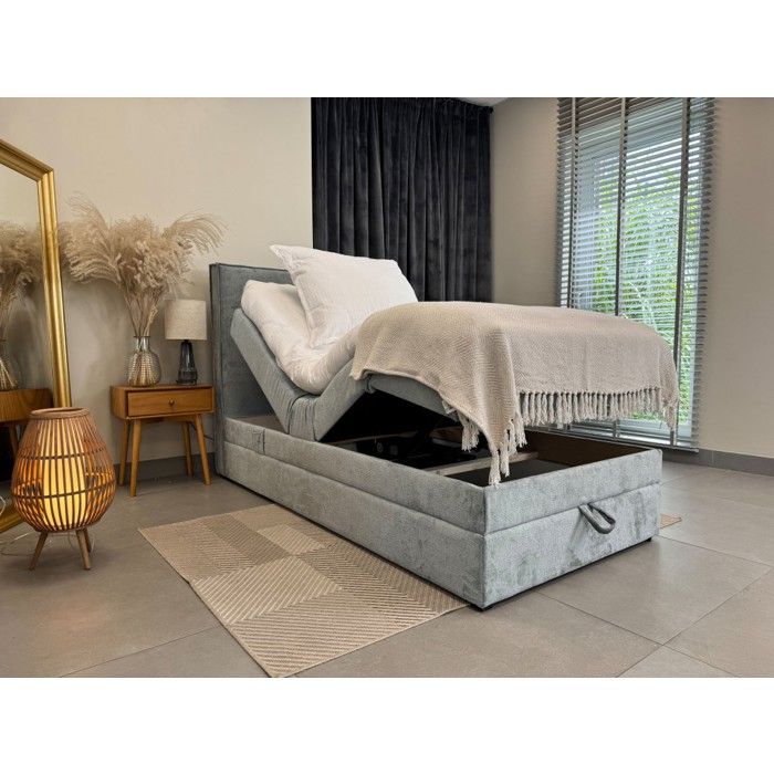 Lit adulte 90x200 SORRENTO - ensemble relaxation électrique avec matelas ressorts ensachés rangement et surmatelas en gris clair