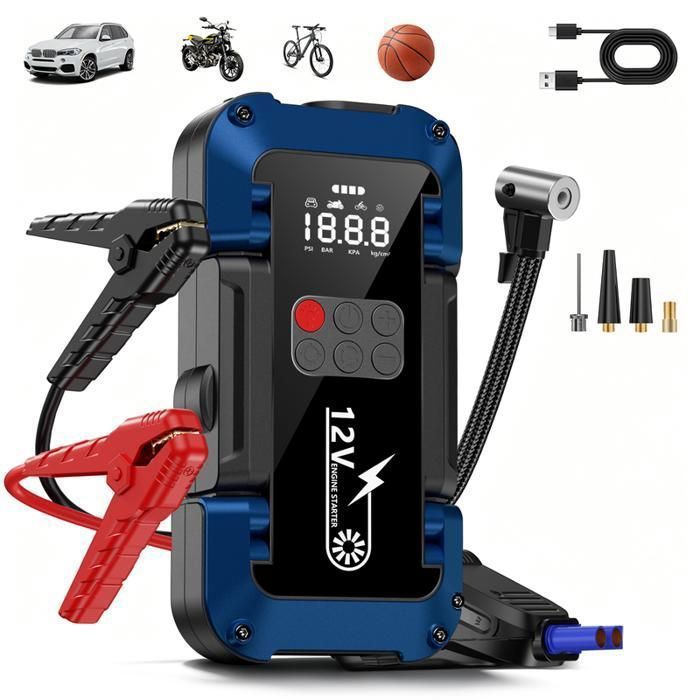 Booster Batterie Voiture 6000A Avec Gonfleur 160PSI - Démarreur Moteur Essence/Diesel Jusqu'à 10L, Batterie 27000mAh, Écran LCD - 2