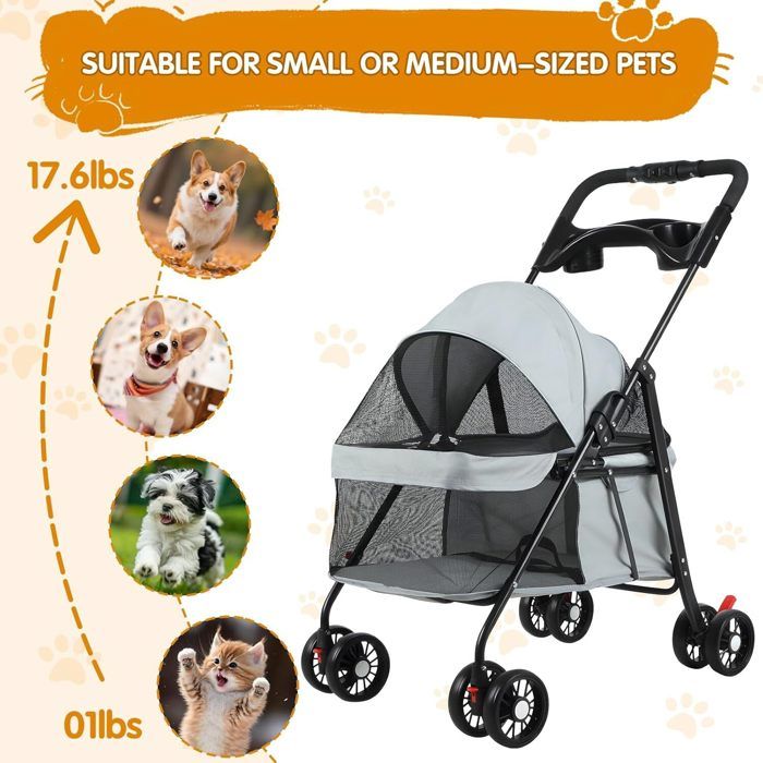 Meilleurs prix pour Poussette pour animaux de compagnie légère et pliable transport portable à 4 roues compagnie les voyages pour chiens chats Gris