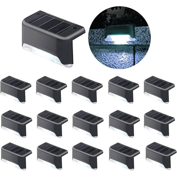 Lot de 16 lampes solaires de piscine à coque noire LED blanc froid étanches pour escaliers clôtures terrasses allées