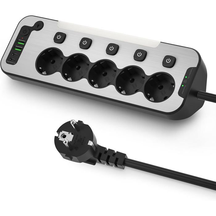 Multiprise Métal 5 Prises avec Interrupteurs Individuels Veilleuse Parafoudre Câble 2 m