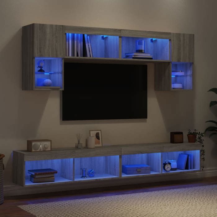 NEW 2026 LED Unités murales TV lot de 6 Meubles TV Moderne gris sonoma bois dingénierie 30.5x30x60 cm L7025