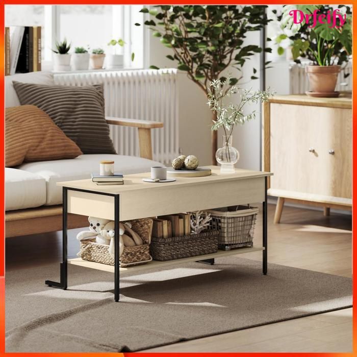 Table basse - AKOZON - 12043 - Plateau relevable à fermeture douce - Compartiment caché - Étagère ouverte
