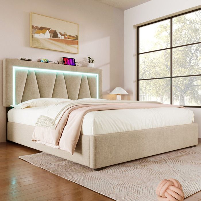 Lit rembourré LED avec rangement - 160x200 cm - Beige - Matériau lin - Éclairage LED - Charge USB Type C