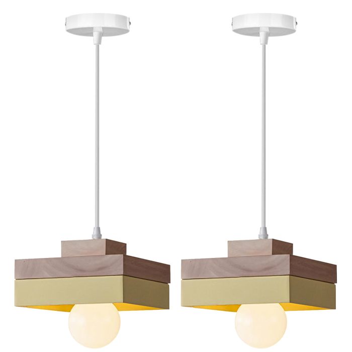 iDEGU 2x Moderne Suspension Luminaire Industriel Lustre Rglable Vintage Abat-jour en Bois Design Carre Jaune 18cm Plafonnier Retro