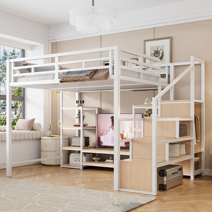 Lit mezzanine 140x200 cm avec meuble TV et prises électriques Lit double avec espace de rangement pratique Lit 2 personnes Blanc