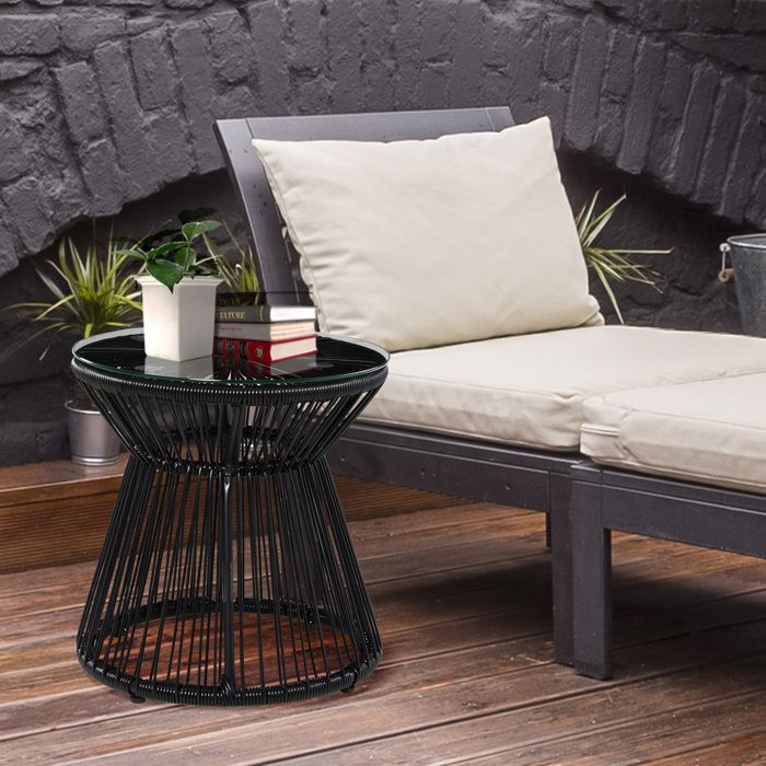 MOTHINESSTO3598-Table de jardin ronde en résine tressée imitation rotin table de bistrot métal plateau verre trempé Ø 40 x 42 cm noi