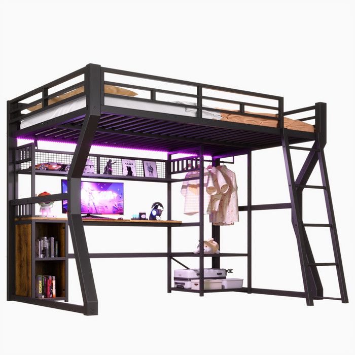 Lit mezzanine 140x200 cm cadre en fer Noir - bureau penderie compartiments étagères LED prise espace ouvert sans matelas