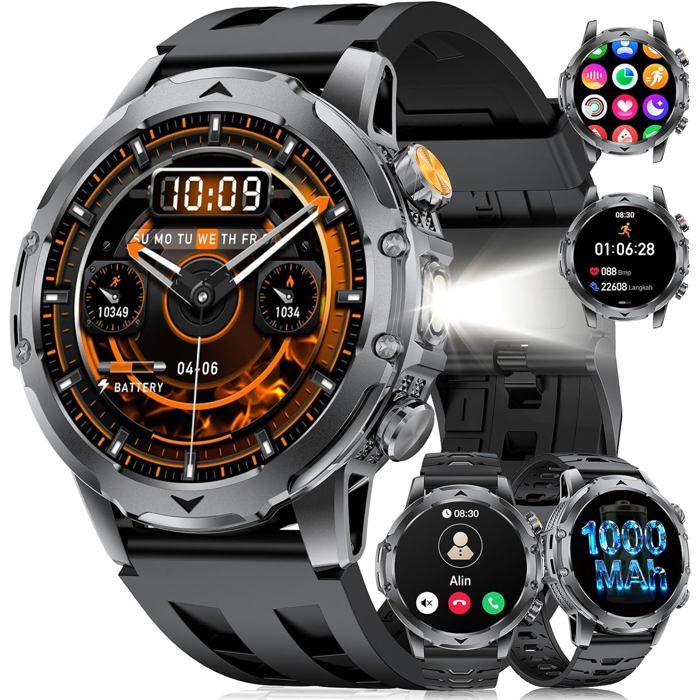 Montre Connectée Homme1000mAh Batterie/1.53HD/LED Lampe/Appel Bluetooth Smartwatch Hommepour Android iOSSilicone