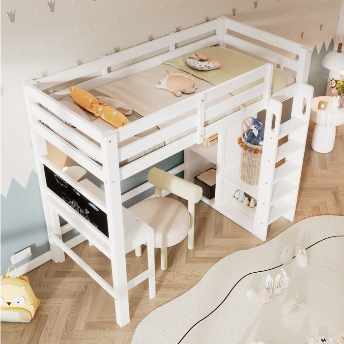 Lit mezzanine enfant 90x200 cm avec bureau armoire ouverte étagères et tableau double face bois blanc