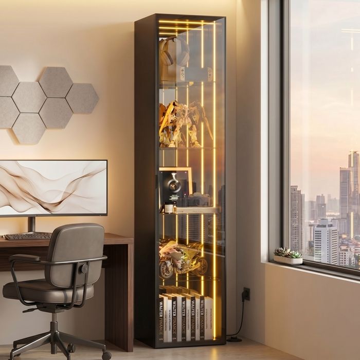 Vitrine noire brillante avec portes en acrylique, unité de rangement
