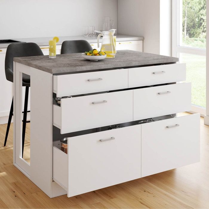IDMARKET Ilot central mange-debout ORSO 120 cm casserolier 6 tiroirs blanc avec plan de travail effet béton IDMARKET Ilot central mange-debout ORSO 120 cm casserolier 6 tiroirs blanc avec plan de travail effet béton