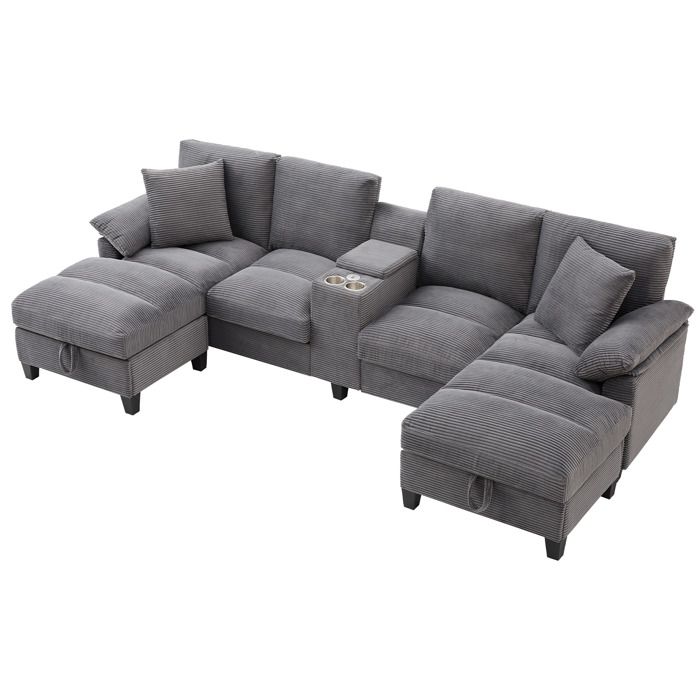Canapé modulable en U gris 4 places en corduroy avec USB porte-gobelet et rangements