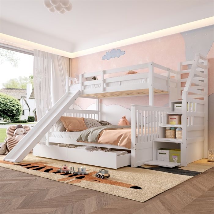 Lit Superposé 90x200 / 140x200cm avec Toboggan Escalier de Rangement & 2 Tiroirs - Structure en Pin Massif - Blanc Antique