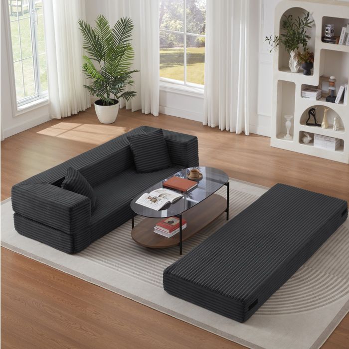 Canapé convertible 3 places en corduroy gris foncé design carré structure en mousse lit dappoint