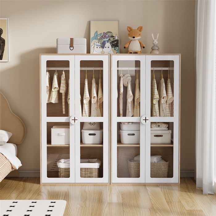 Armoire Enfant - H150xL160xP50 cm - Dressing Modulable 2 Pièces Portes Acryliques Transparentes et Tringle Moderne - Blanc et Bois