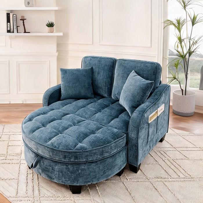 Canapé 3 places convertible en lit dappoint 132 cm en eucalyptus tissu bleu riche design compact