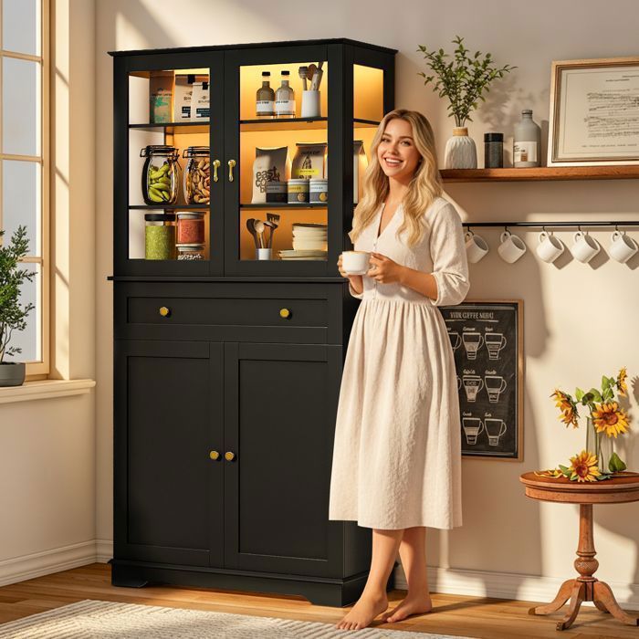 Buffet de CuisineAvec 5 Niveaux1 tiroirBois et VerreConception anti-basculement180x75x40cmPour CuisineSalle à mangerNoir