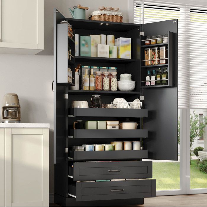 ROVRYN Armoire de cuisine 80 x 38 x 180 cm 2 portes 2 tiroirs 3 tablettes coulissantes MDF noir