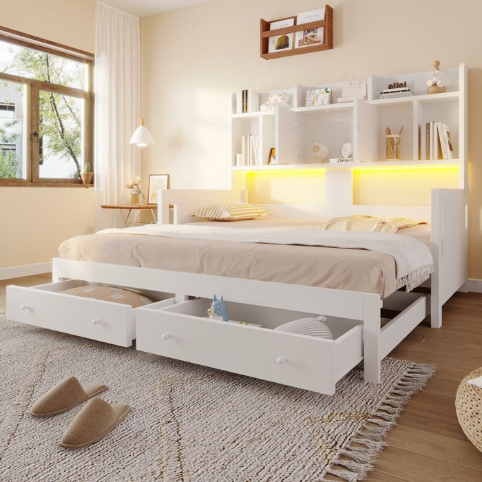 Sommier-lit extensible en bois blanc 90 x 190 cm 2 tiroirs rangements prise intégrée et LED